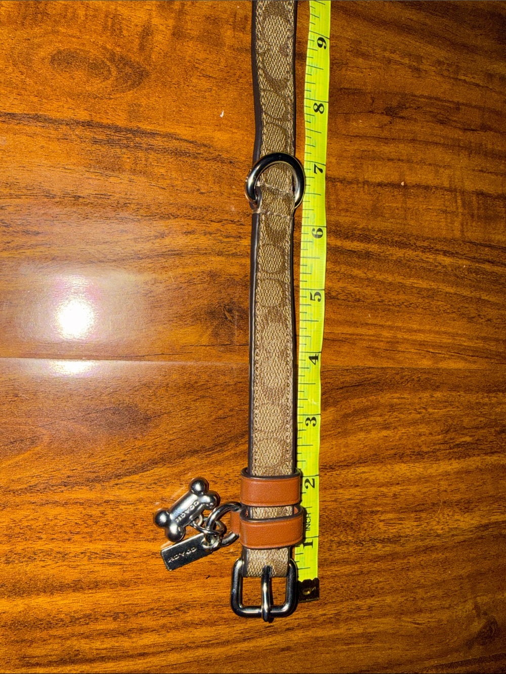 Coach Signature Canvas Dog Collar with Tan Leather Trim and Silver Charms